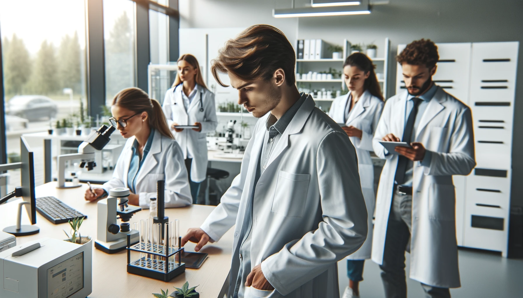 DALL·E 2024-01-24 17.05.01 - Create a professional image in a 16_9 aspect ratio for an 'About Us' section, showing a modern medical cannabis clinic in Poland. In this scene, the y MedWeed o nas medyczna marihuana klinika terapia